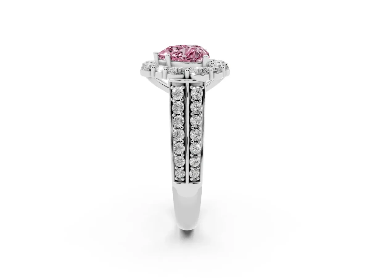 Fancy Pink Heart Cut Halo Diamond Engagement Ring with Split Shank and Prong Setting Silver