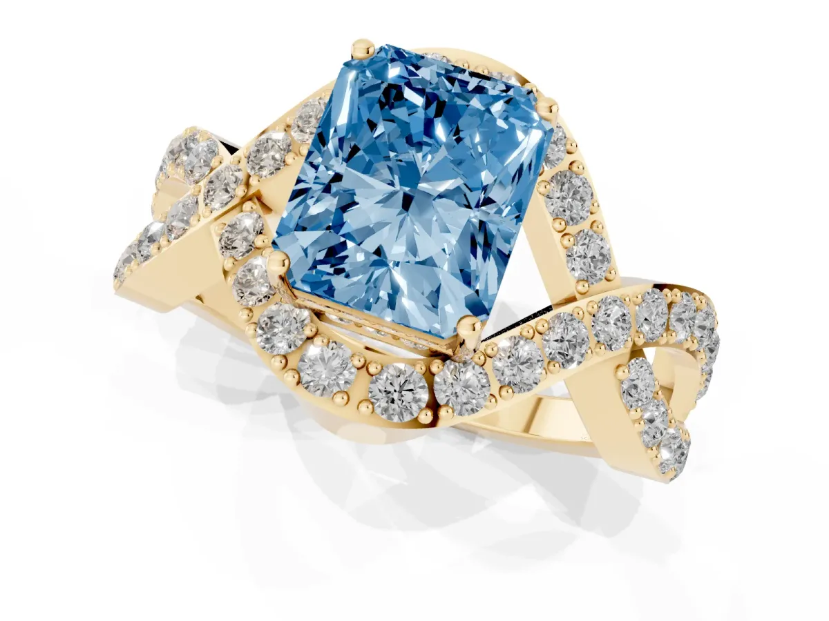 Fancy Blue Radiant Cut Solitaire Twist Band Pavé Diamond Engagement Ring Yellow gold