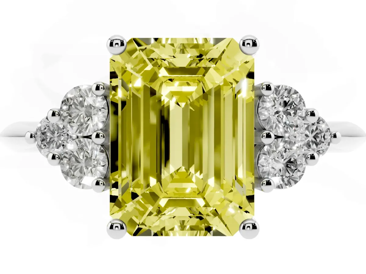 Fancy Yellow Emerald Cut Cut Diamond Cluster Ring with Solitaire Band and Four-Prong Setting Platinum