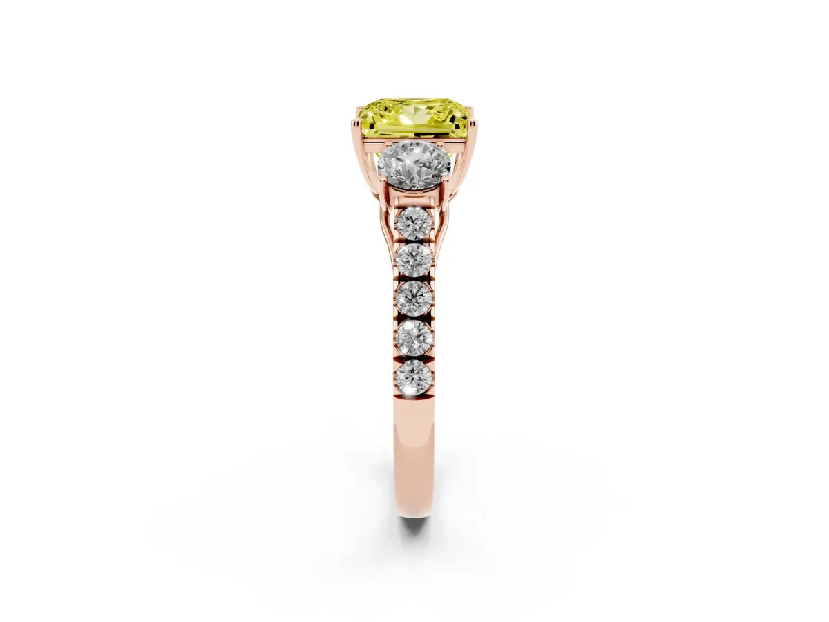Fancy Yellow Princess Cut Cut Diamond Three-Stone Ring with Round Side Stones and Pavé Band Rose gold