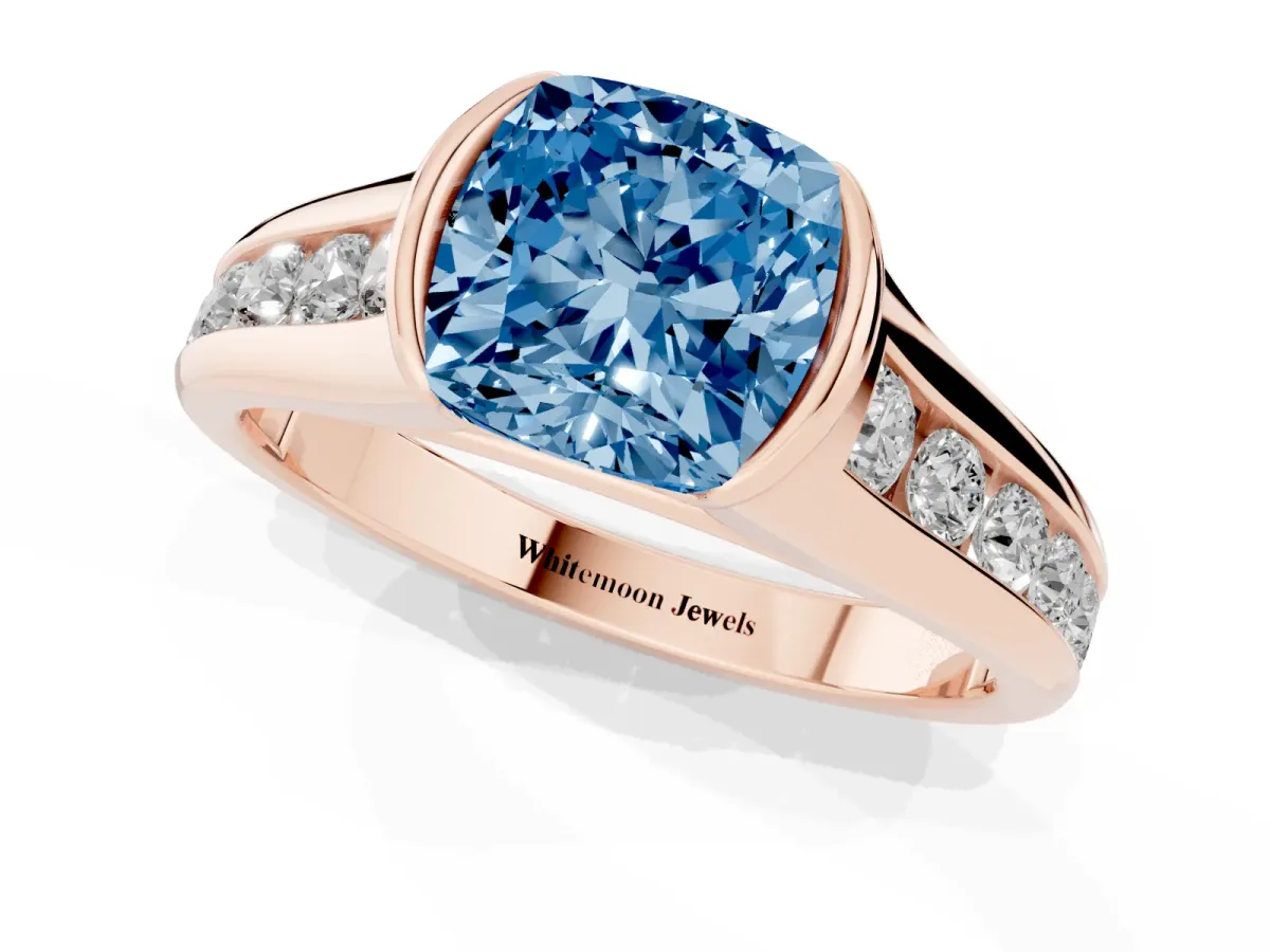 Fancy Blue Cushion Cut Solitaire Bezel-Set Diamond Ring with Channel-Set Band Rose gold