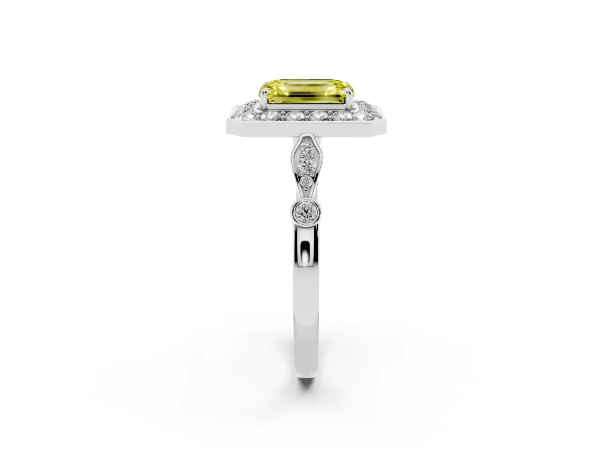 Fancy Yellow Emerald Cut Halo Diamond Engagement Ring with Twisted Band and Four-Prong Setting Platinum