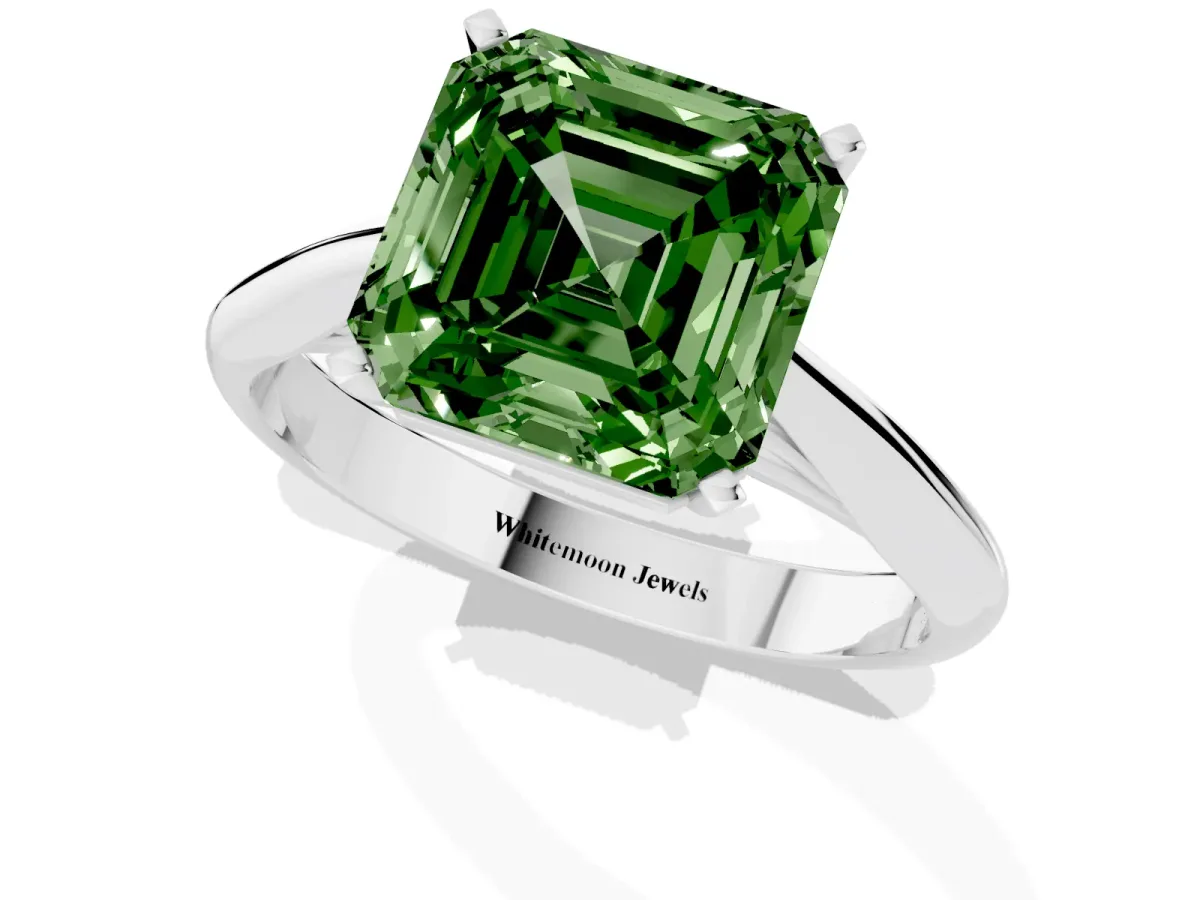 Fancy Green Asscher Cut Diamond Solitaire Engagement Ring with Cathedral Setting and Four-Prong Mount Silver