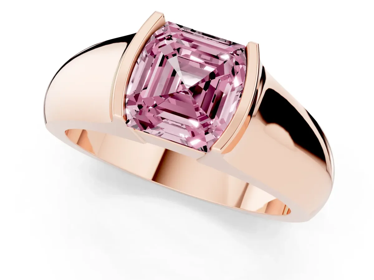 Fancy Pink Asscher Cut Solitaire Bezel Set Diamond Ring with Wide Band Rose gold