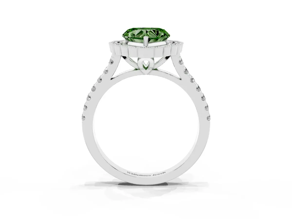 Fancy Green Heart Cut Cut Diamond Milgrain Floral Halo Engagement Ring with Pavé Band White gold