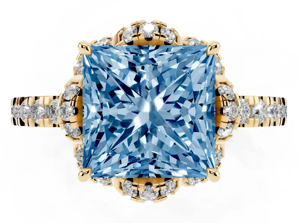 Fancy Blue Princess Cut Diamond Halo Pave Band with Four-Prong Setting Yellow gold