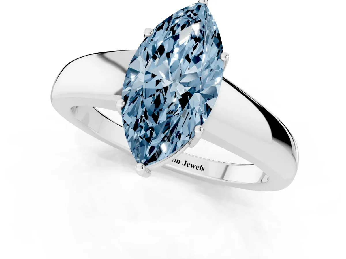 Fancy Blue Marquise Cut Solitaire Diamond Ring with Tapered Band and Four-Prong Setting Platinum