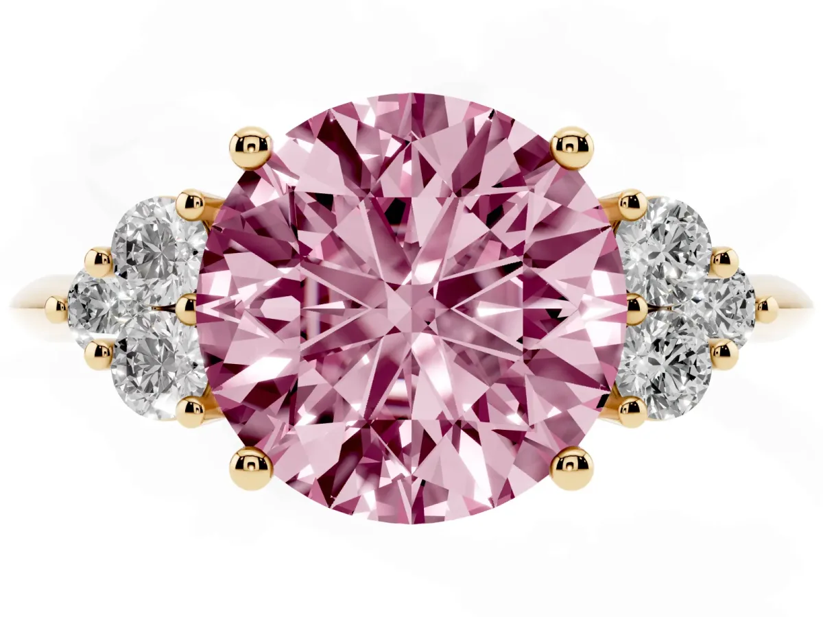 Fancy Pink Round Cut Cut Diamond Cluster Ring with Solitaire Band and Four-Prong Setting Yellow gold