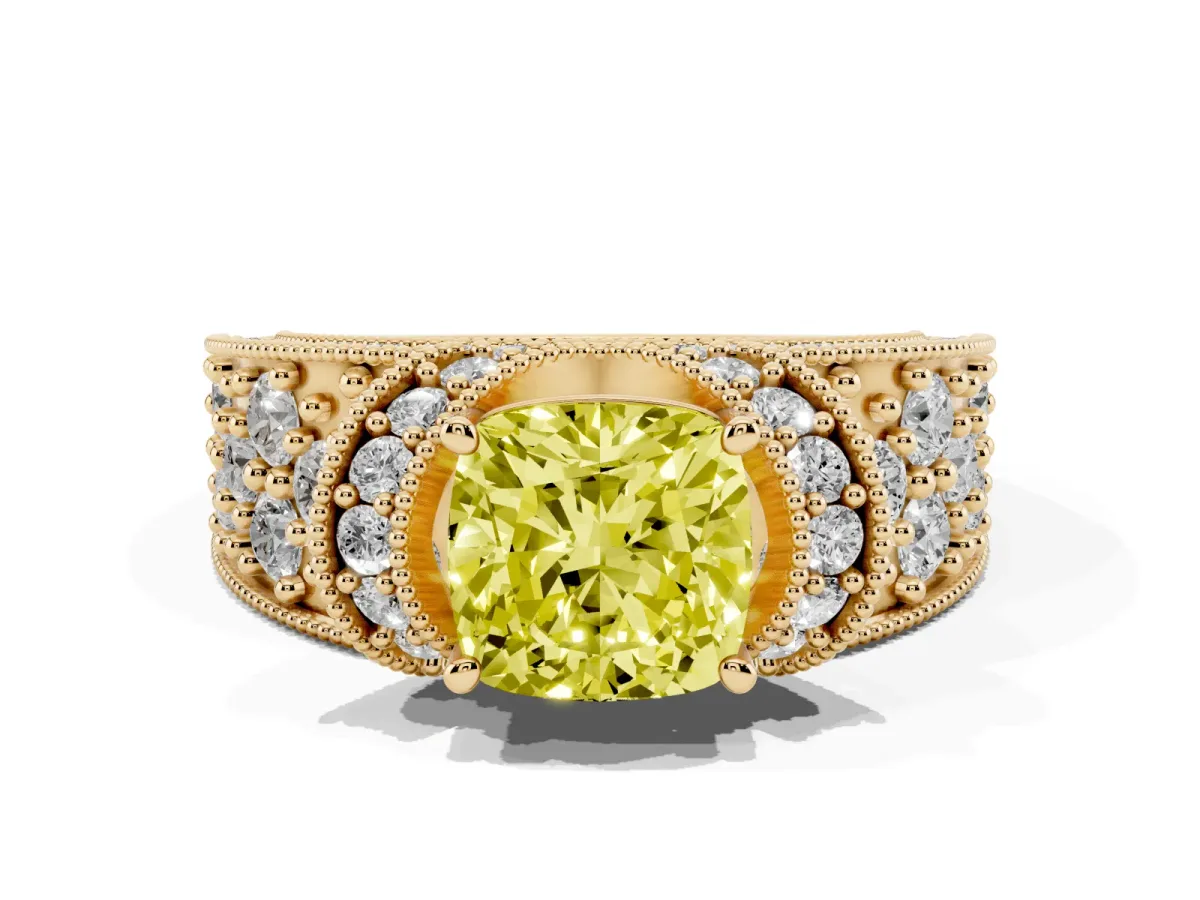Fancy Yellow Cushion Cut Halo Pave Diamond Engagement Ring with Milgrain Detailing Yellow gold