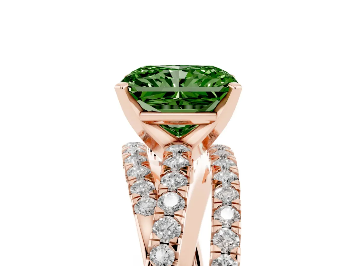 Fancy Green Radiant Cut Solitaire Twist Band with Pavé Setting and Four-Prong Setting Rose gold