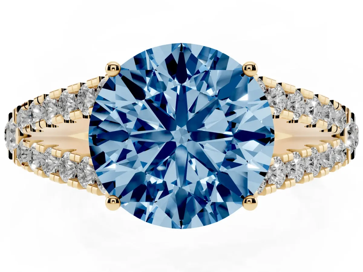 Fancy Blue Round Cut Diamond Split Shank Pavé Engagement Ring with Four-Prong Setting Yellow gold
