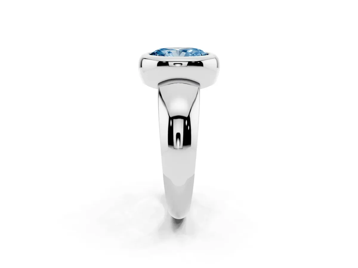 Fancy Blue Bezel Set Oval Cut Solitaire Ring with Wide Band Platinum