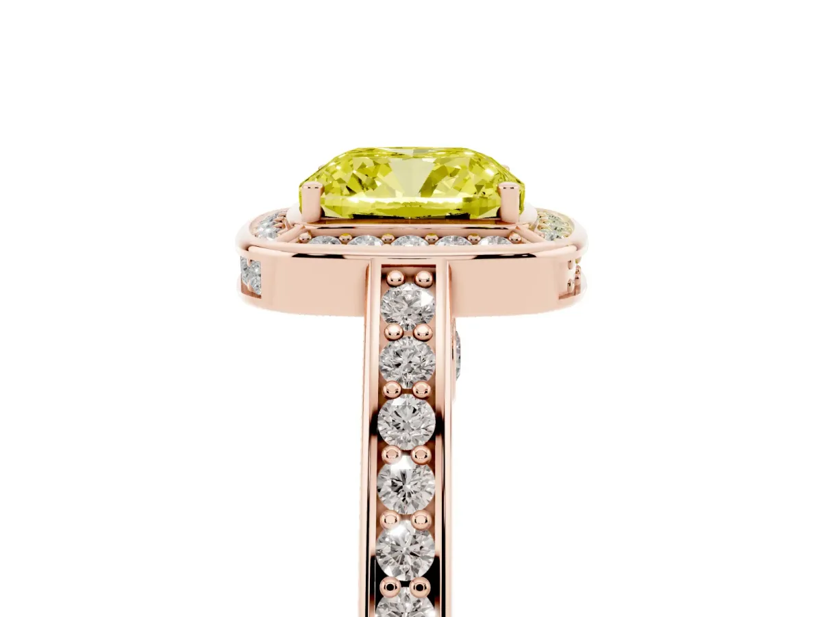 Fancy Yellow Cushion Cut Cut Halo Pave Split Shank Prong Setting Ring Rose gold