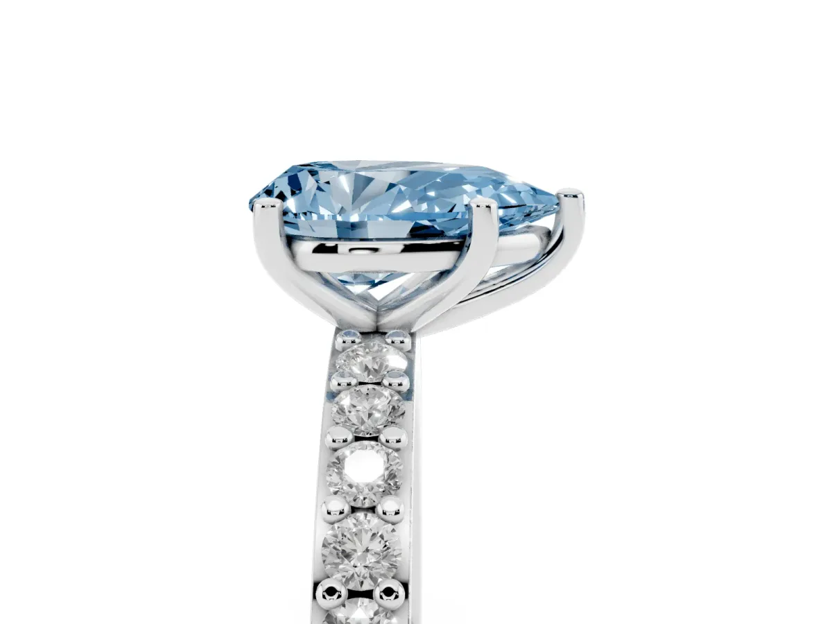 Fancy Blue Pear Cut Cut Diamond Solitaire with Pave Band and Four-Prong Setting Silver