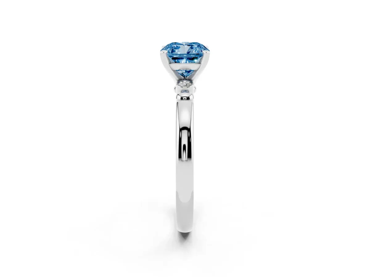 Fancy Blue Cushion Cut Solitaire Beaded Band with Four-Prong Setting White gold