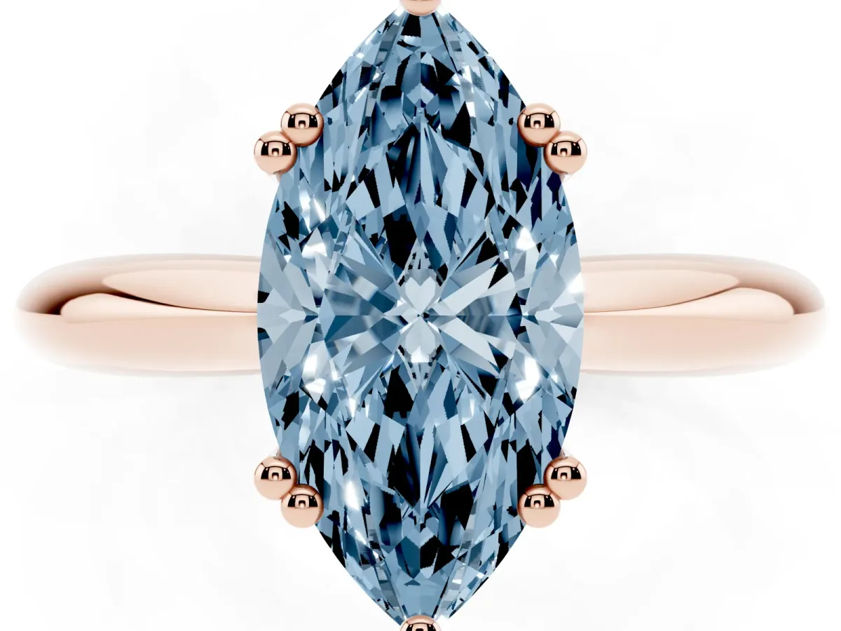 Fancy Blue Marquise Cut Cut Solitaire Engagement Ring with Tapered Band and Four-Prong Setting Rose gold