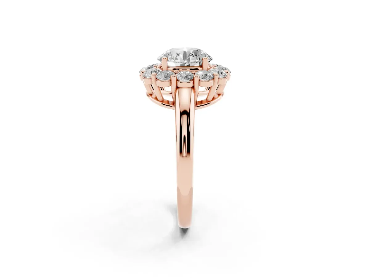 Round Cut Halo Cluster Diamond Engagement Ring with Prong Setting and Polished Band Rose gold