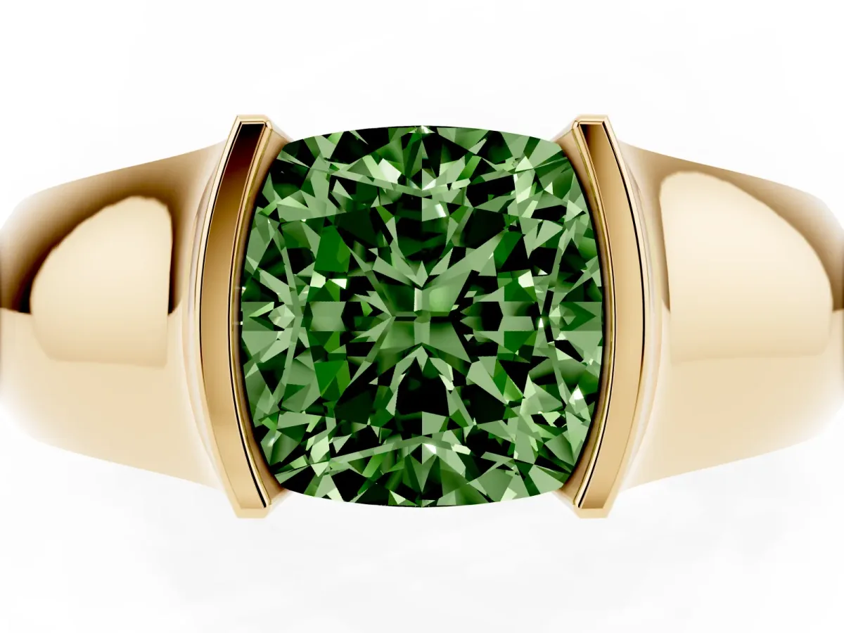 Fancy Green Cushion Cut Solitaire Bezel Set Diamond Ring with Wide Band Yellow gold