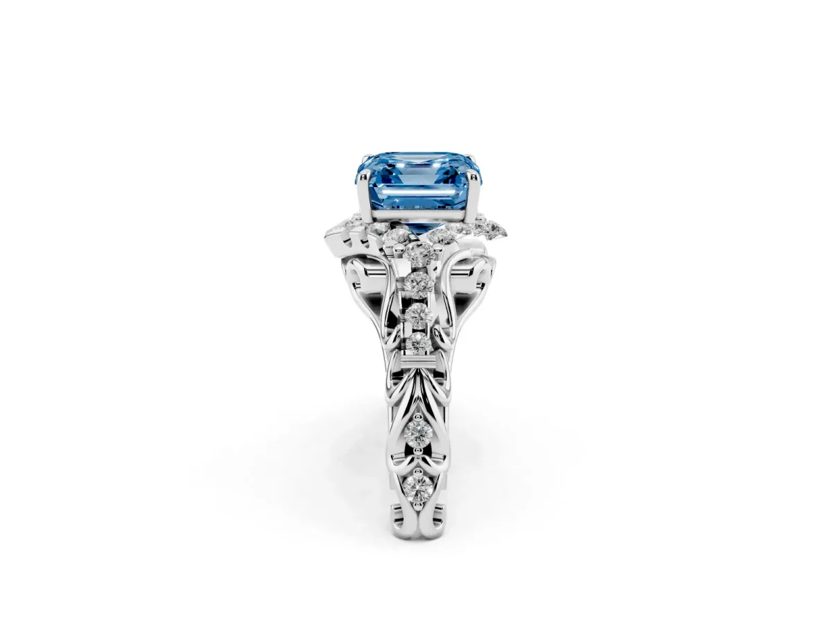 Fancy Blue Asscher Cut Diamond Solitaire Ring with Hidden Halo and Pavé Band Platinum