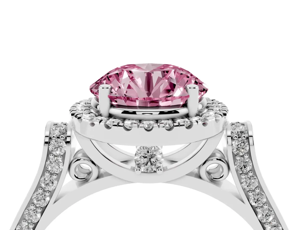 Fancy Pink Round Cut Halo Pave Split Shank Prong Setting Ring Silver
