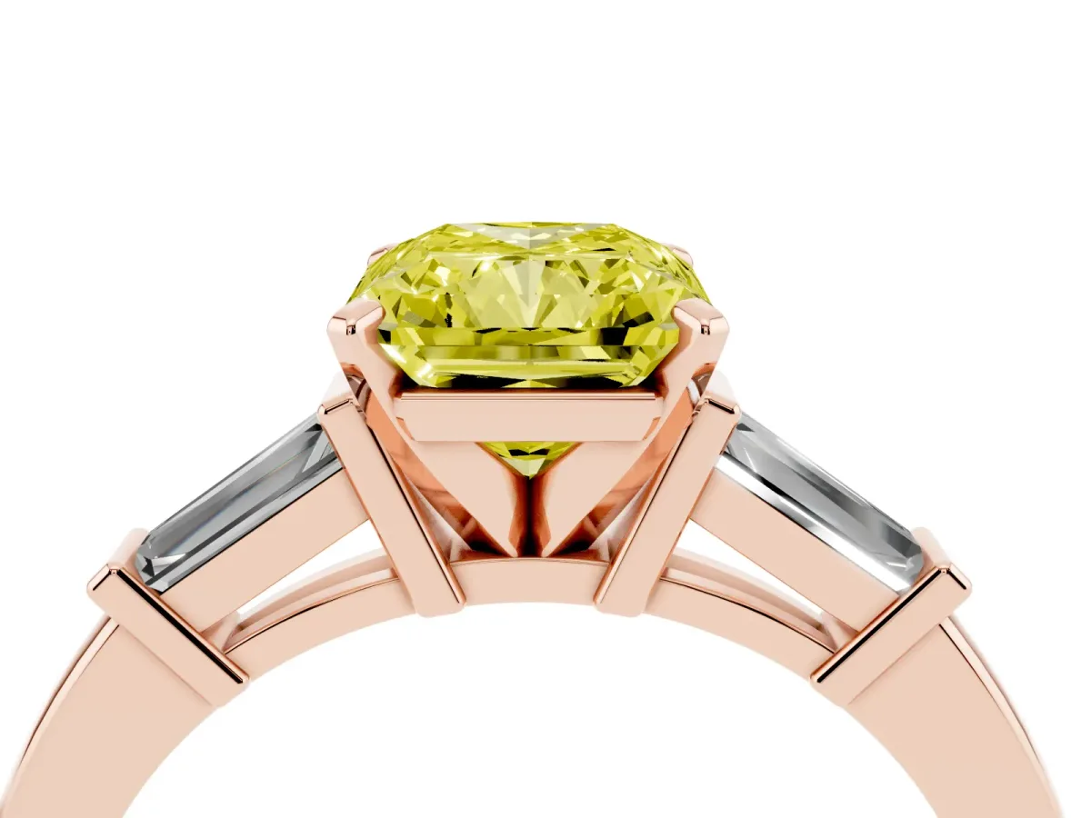 Fancy Yellow Radiant Cut Cut Diamond Solitaire Ring with Tapered Baguette Accents and Four-Prong Setting Rose gold