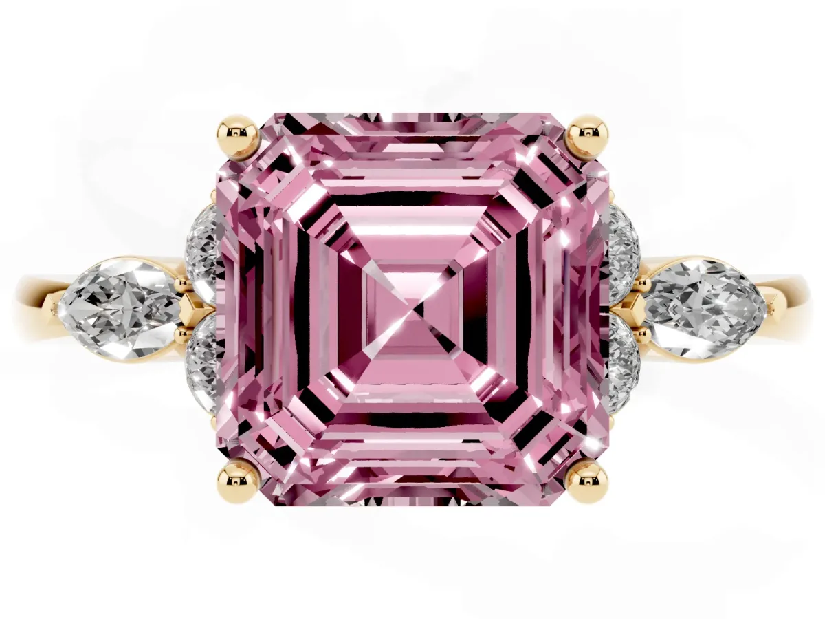 Fancy Pink Asscher Cut Brilliant Diamond Solitaire Ring with Pear Side Stones and Four-Prong Setting Yellow gold