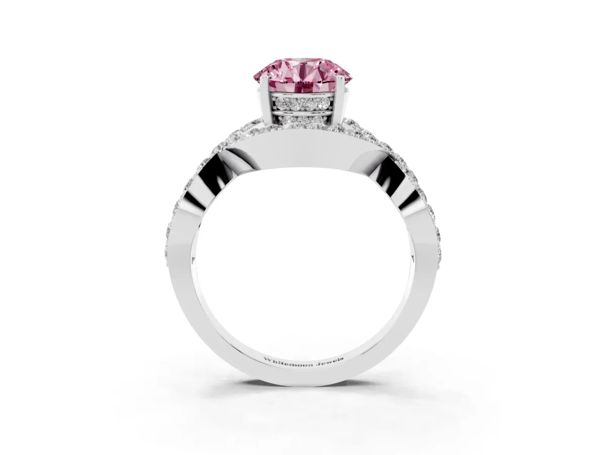 Fancy Pink Round Cut Solitaire Twist Band Pavé Diamond Engagement Ring Silver