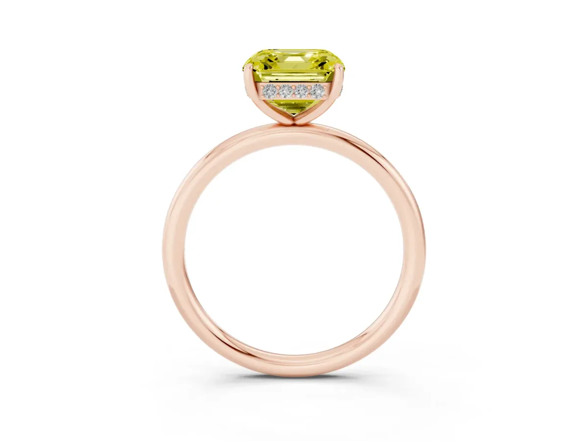 Fancy Yellow Asscher Cut Solitaire Diamond Ring with a Classic Band and Four-Prong Setting Rose gold