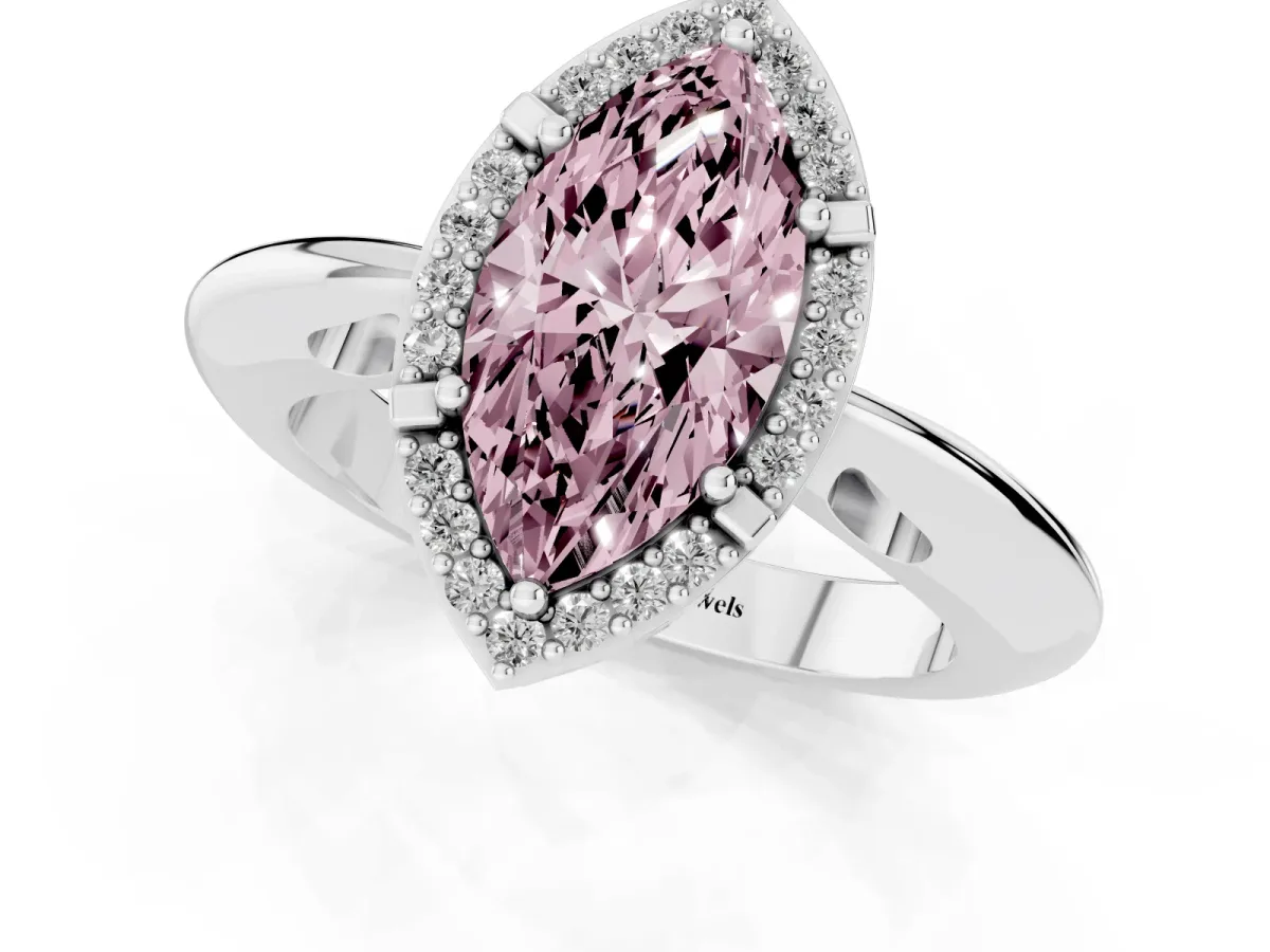 Fancy Pink Marquise Cut Cut Diamond Halo Engagement Ring with Split Shank and Four-Prong Setting Platinum