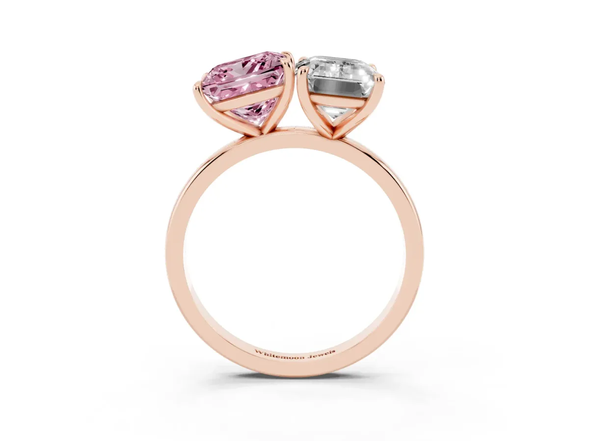 Fancy Pink Princess Cut and Emerald Cut Toi Moi Ring with Prong Setting Rose gold