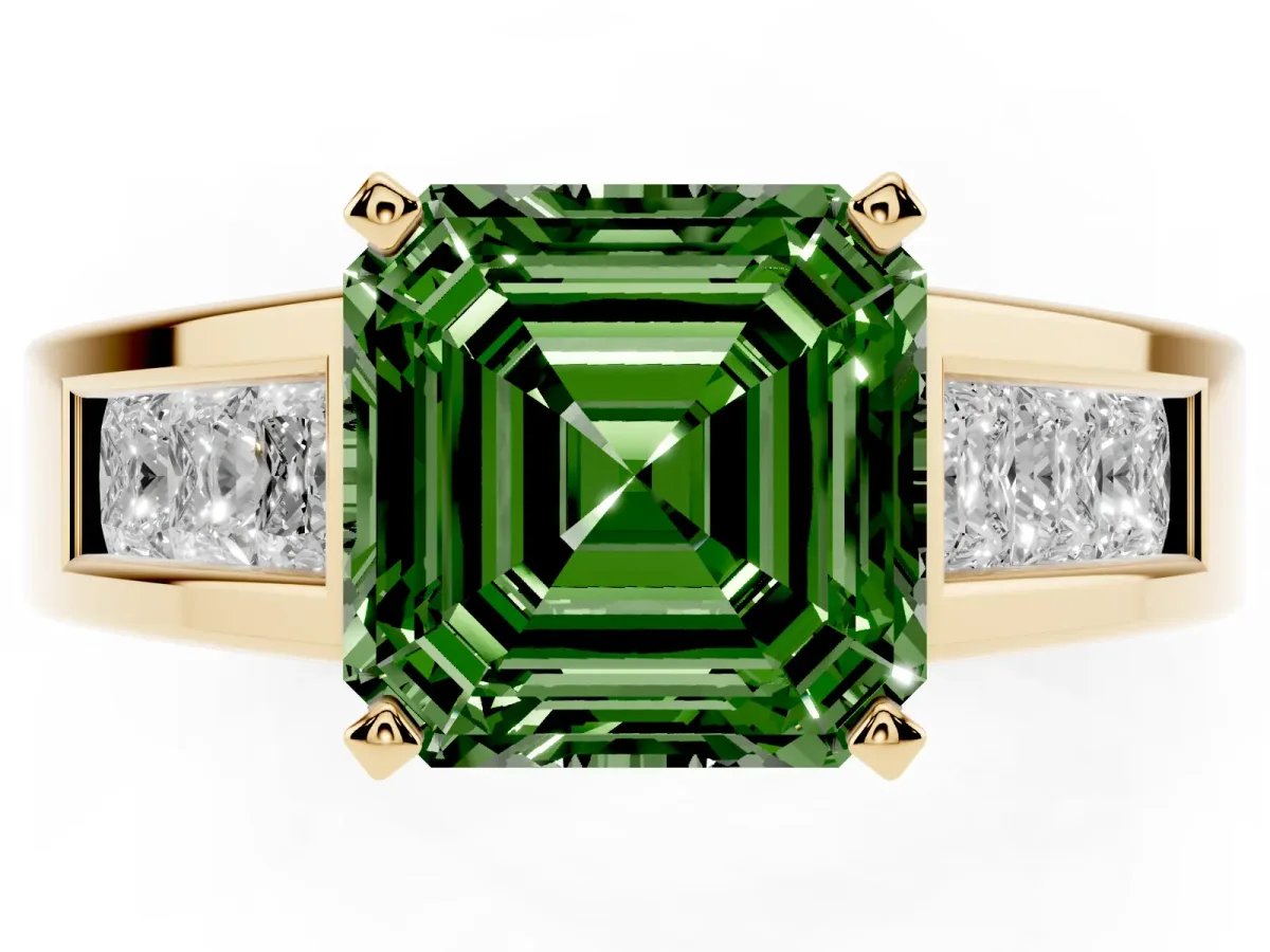Fancy Green Asscher Cut Cut Channel Set Solitaire Ring with Four-Prong Setting Yellow gold