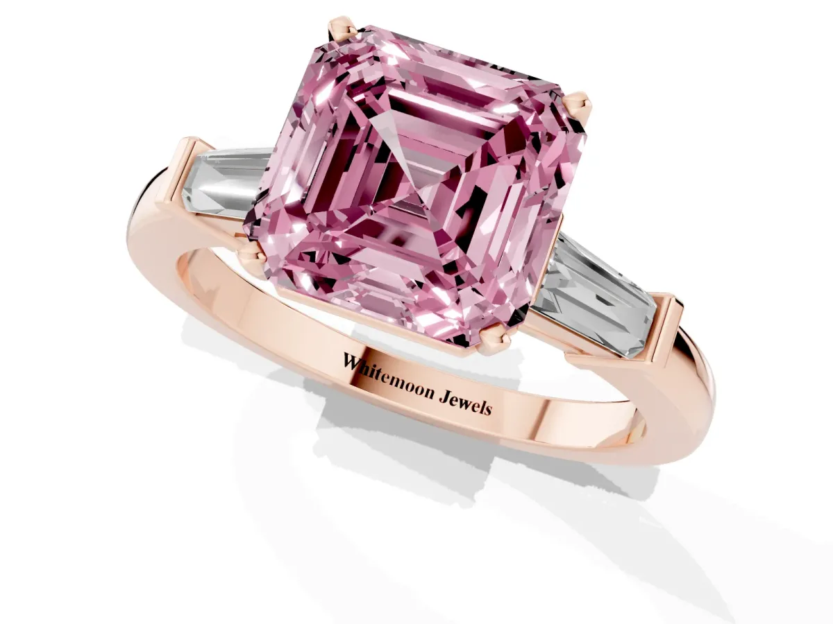 Fancy Pink Asscher Cut Cut Diamond Solitaire Ring with Tapered Baguette Accents and Four-Prong Setting Rose gold