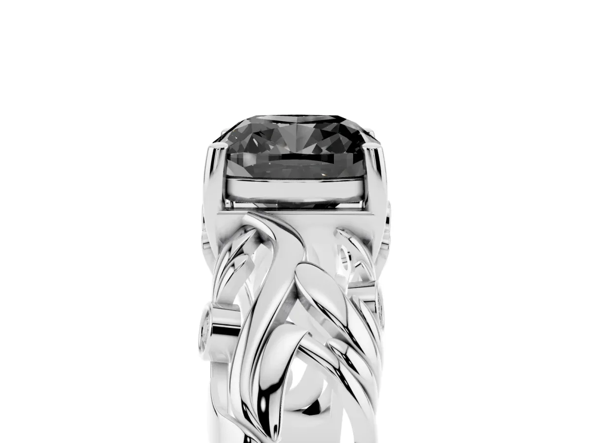 Fancy Black Cushion Cut Solitaire Diamond Leaf-Inspired Vine Band Ring with Prong Setting Silver