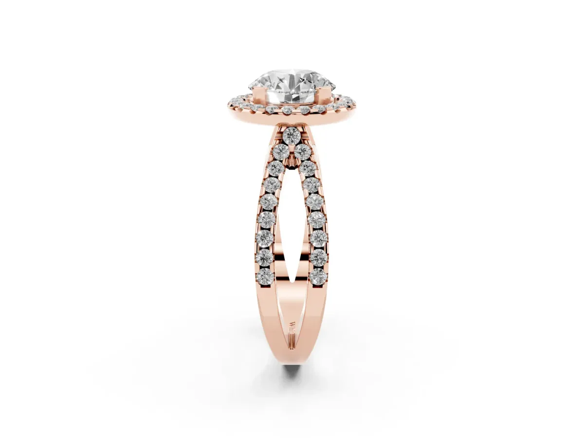 Round Cut Diamond Halo Ring with Split Shank Pavé Band and Prong Setting Rose gold
