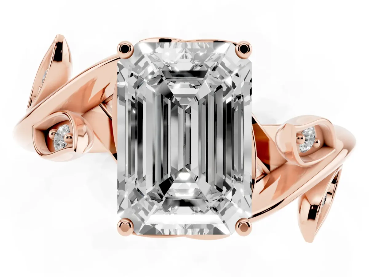 Emerald Cut Solitaire Twist Engagement Ring with Leaf Accents and Prong Setting Rose gold