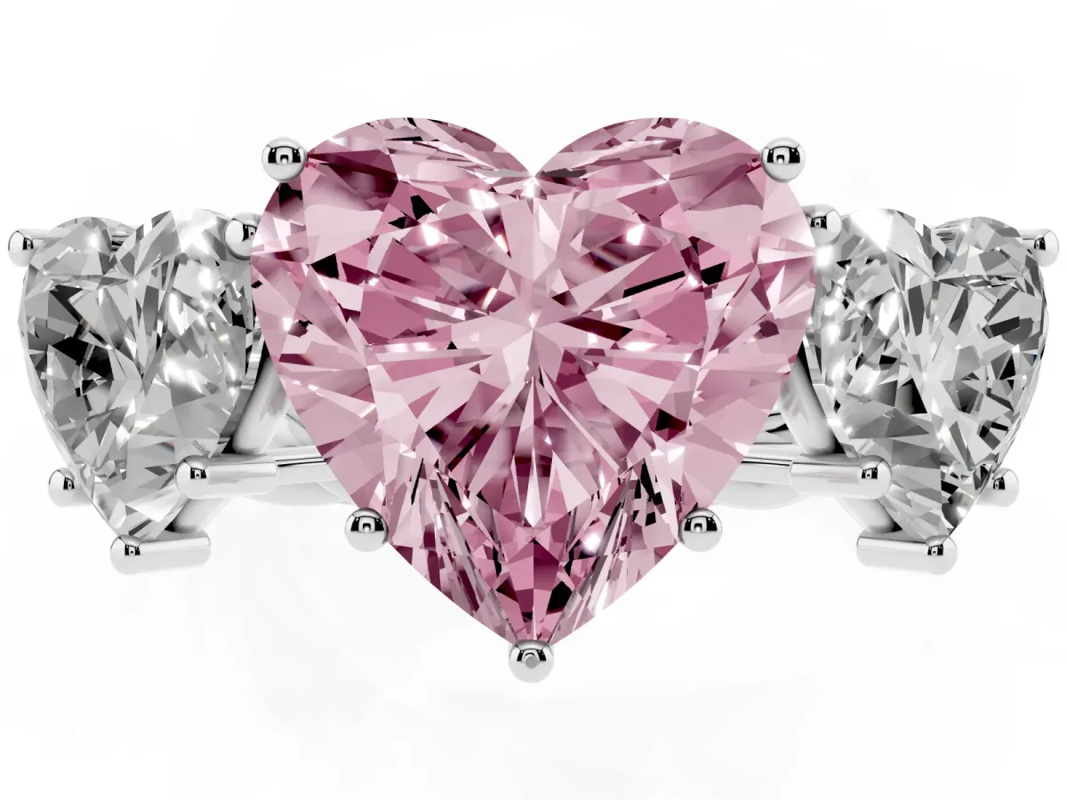 Fancy Pink Three-Stone Heart Cut Diamond Braided Band Ring with Four-Prong Setting Platinum
