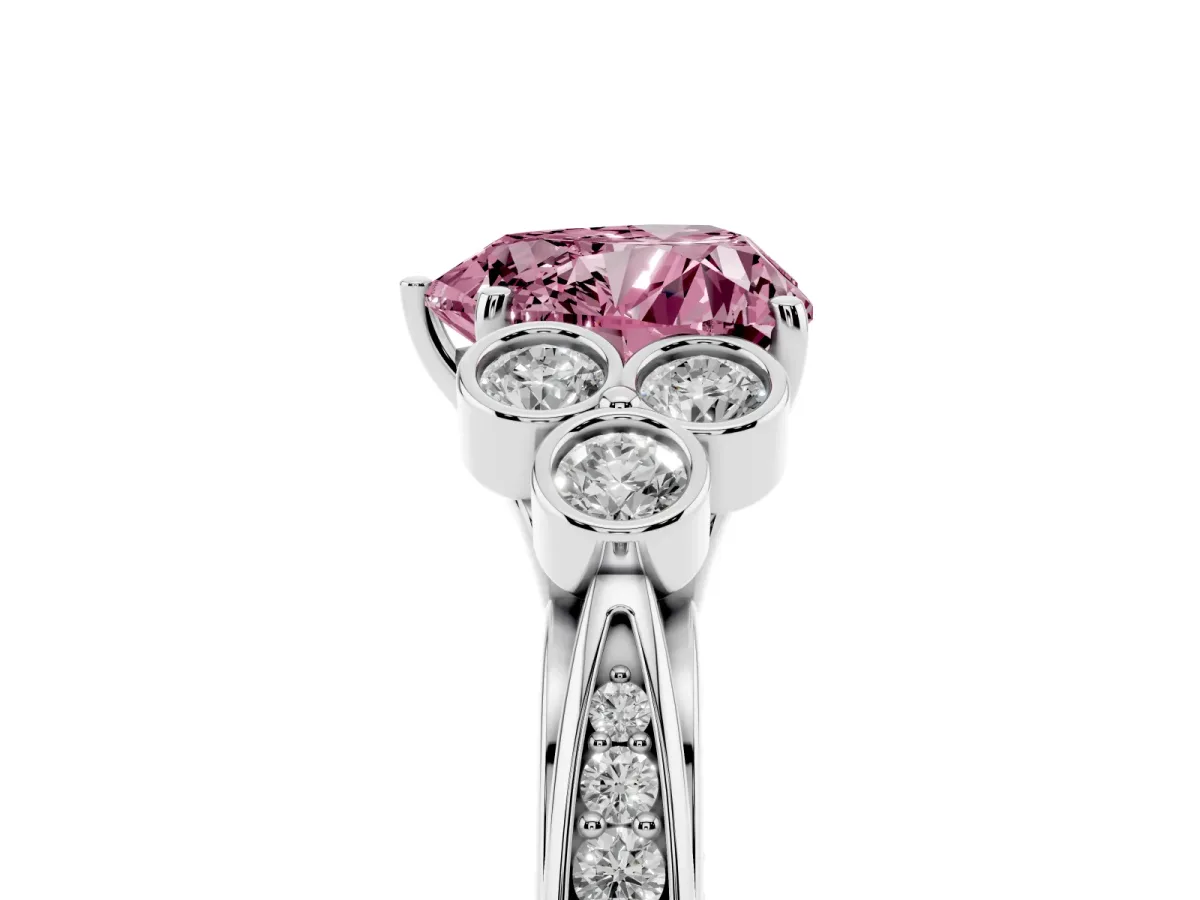 Fancy Pink Heart Cut Cut Diamond Engagement Ring with Bezel Set Round Side Stones and Prong Setting White gold