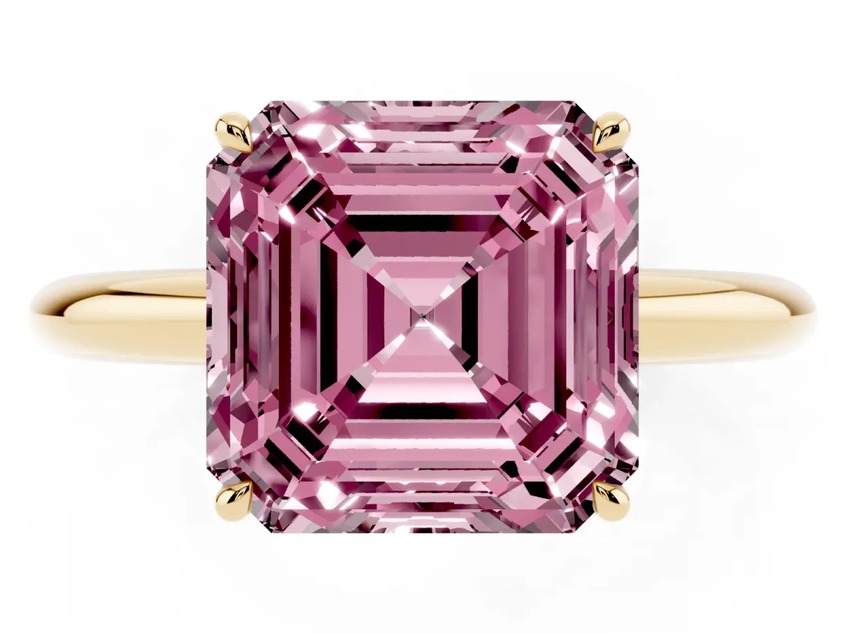 Fancy Pink Asscher Cut Brilliant Solitaire Engagement Ring with Six-Prong Setting and Classic Band Yellow gold