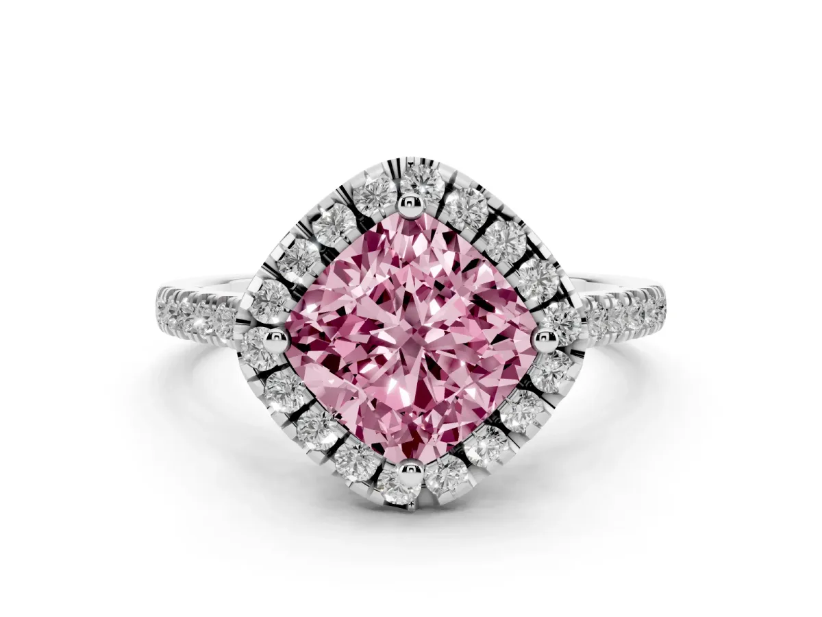 Fancy Pink Cushion Cut Diamond Cushion Halo Ring with Pavé Band Silver