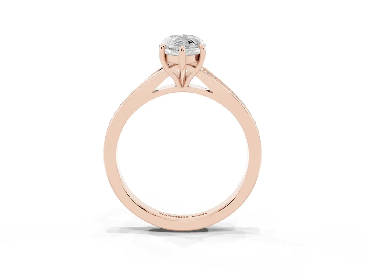 Marquise Cut Diamond Solitaire Ring with Pavé Band and Prong Setting Rose gold