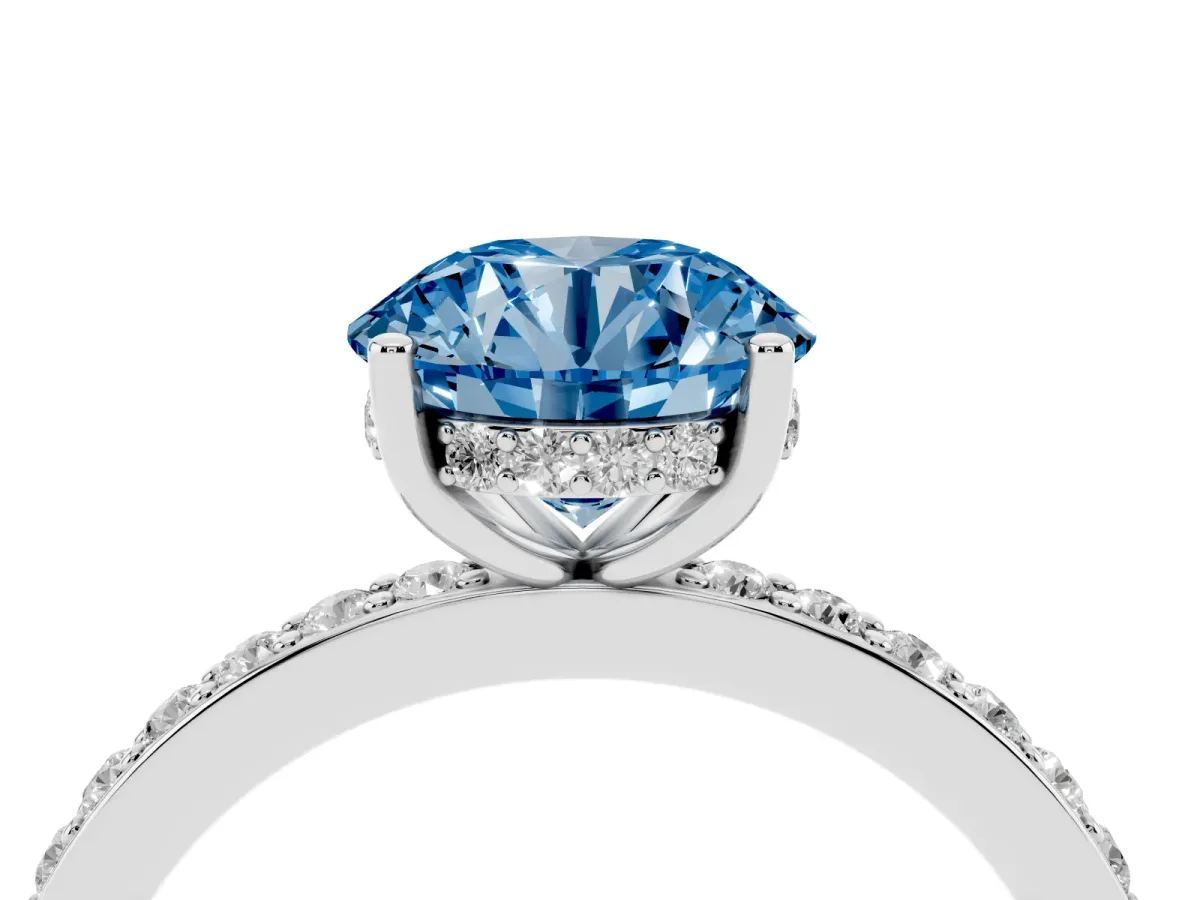 Fancy Blue Round Cut Cut Diamond Pavé Band Ring with Four-Prong Setting Silver