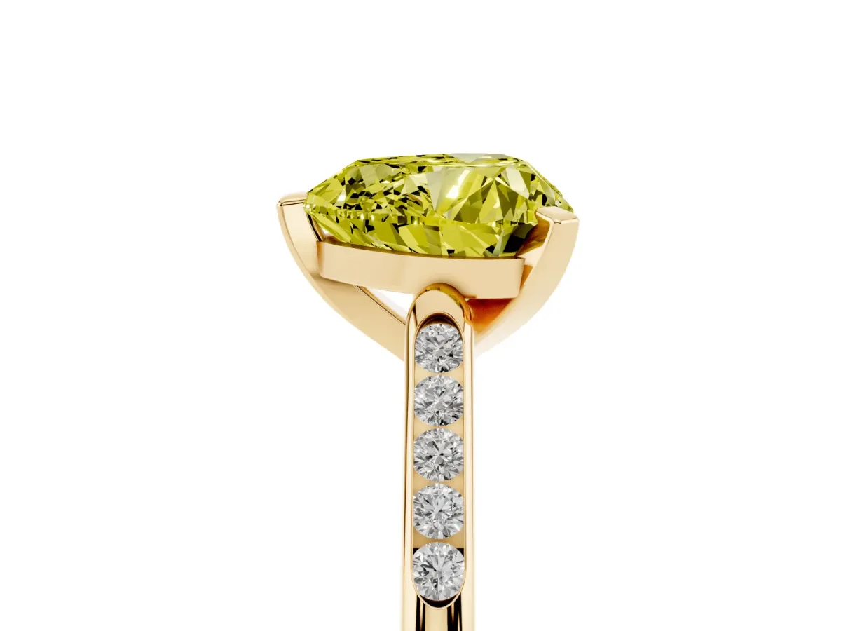 Fancy Yellow Heart Cut Diamond Solitaire Ring with Channel Set Round Band and Prong Setting Yellow gold
