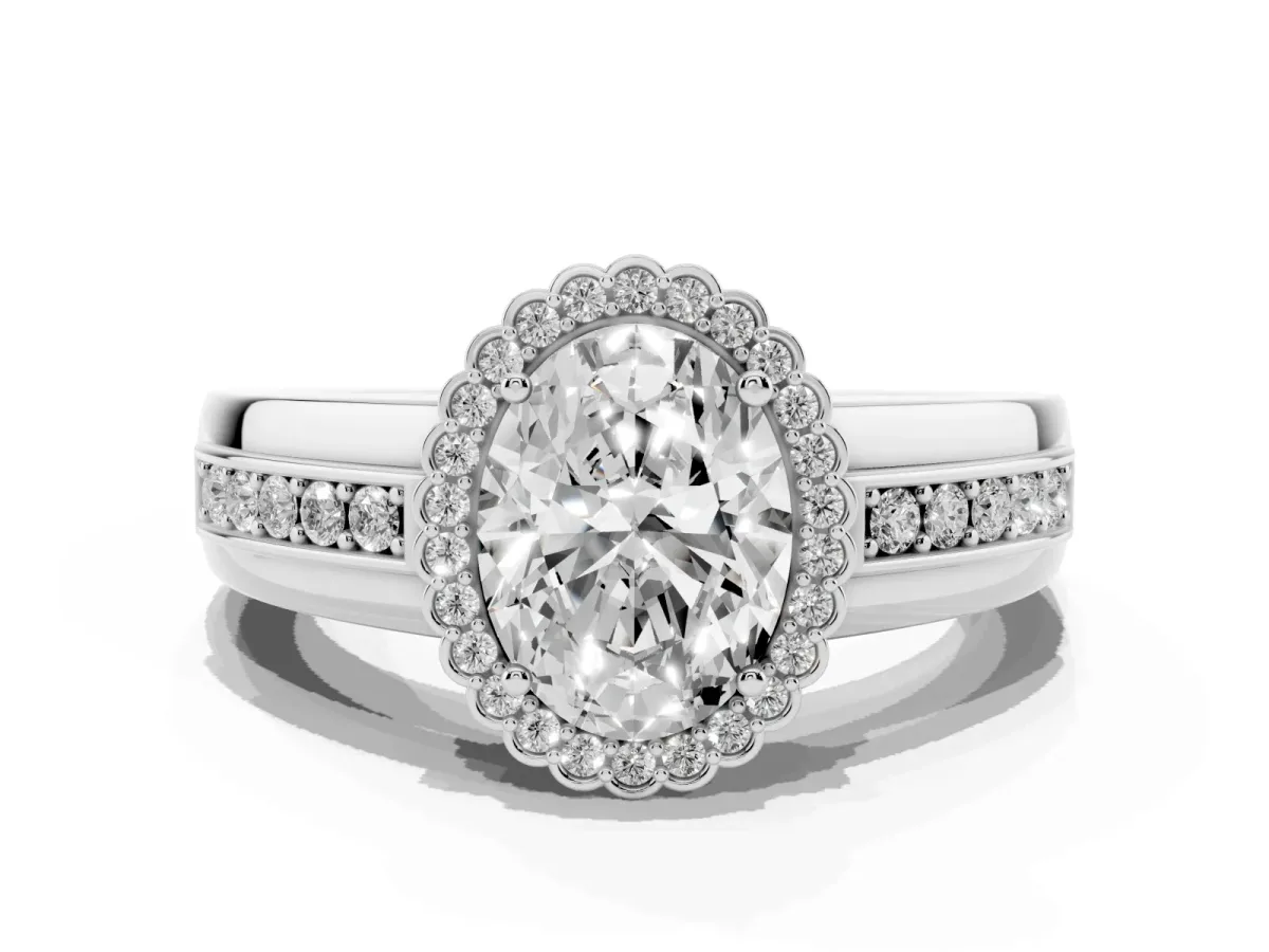 Oval Cut Cut Halo Pave Band Four-Prong Ring Silver
