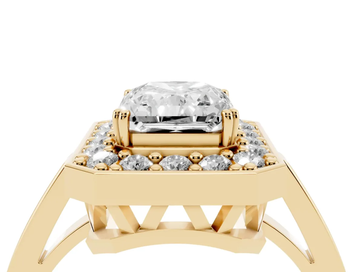 Radiant Cut Diamond Halo Ring with Split Shank and Four-Prong Setting Yellow gold