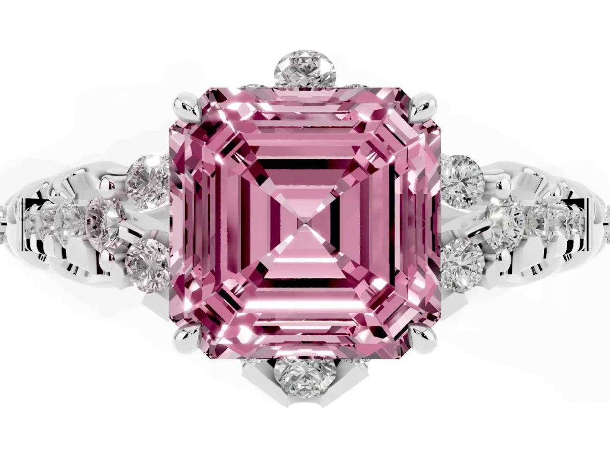 Fancy Pink Asscher Cut Diamond Solitaire Ring with Hidden Halo and Pavé Band Platinum
