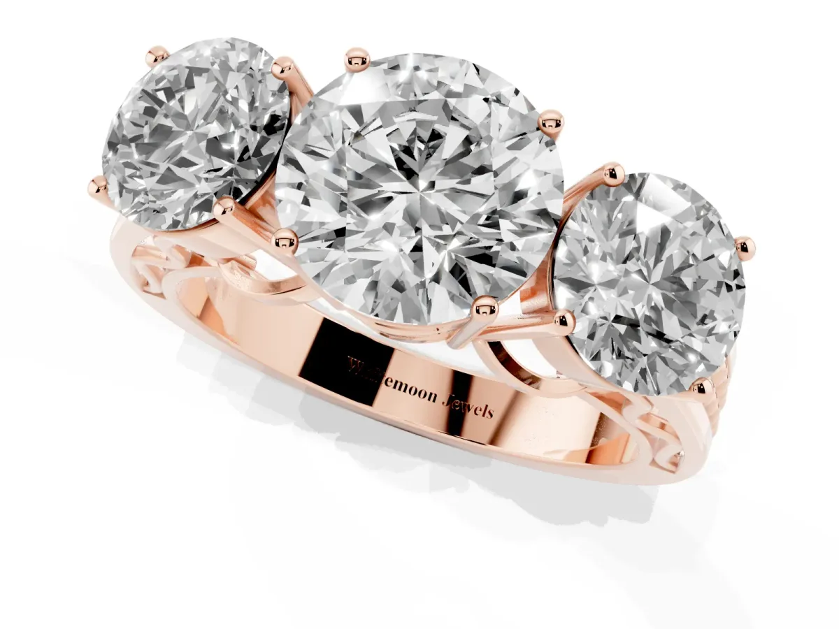 Round Cut Diamond Three-Stone Ring with Prong Setting and Textured Band Rose gold