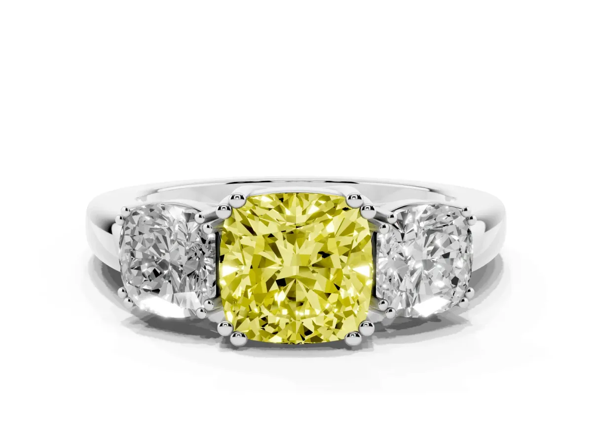 Fancy Yellow Three-Stone Cushion Cut Cut Diamond Ring with Channel Set Band and Four-Prong Setting Silver