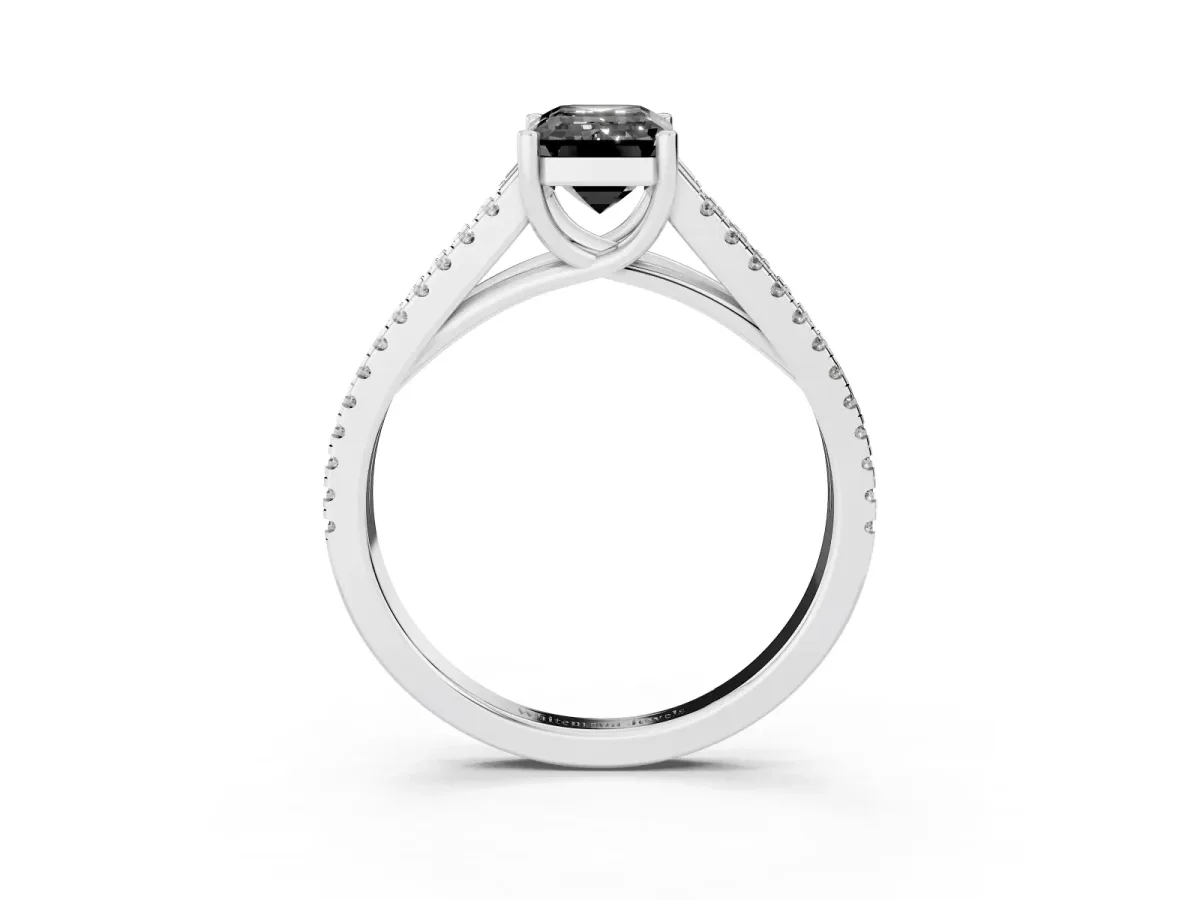 Fancy Black Emerald Cut Diamond Solitaire Engagement Ring with Split Shank Pavé Band Silver