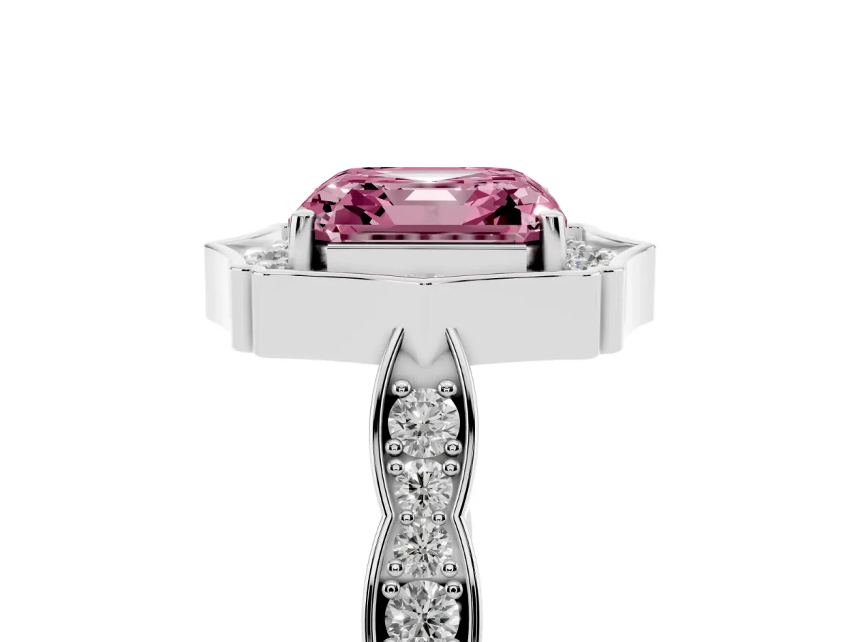 Fancy Pink Asscher Cut Halo Diamond Engagement Ring with Milgrain Band and Four-Prong Setting White gold