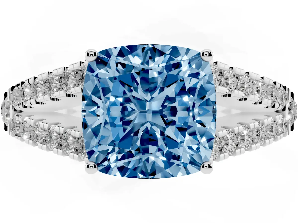 Fancy Blue Cushion Cut Diamond Split Shank Pavé Engagement Ring with Four-Prong Setting Platinum